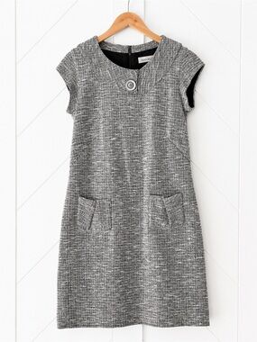Veronika Maine Black White Textured Knit Tweed Shift Dress Pockets Size 8